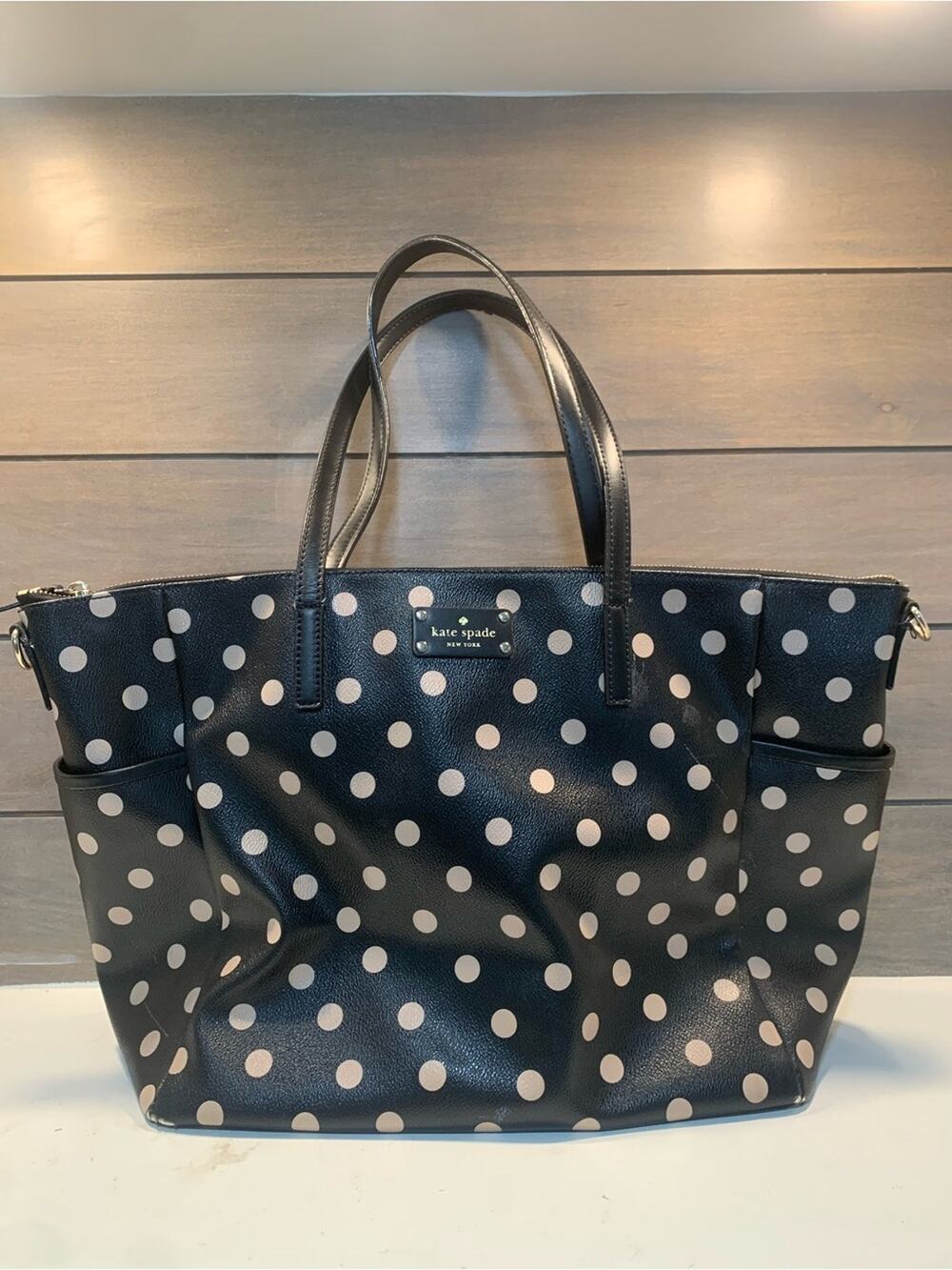 Kate Spade Adaira Wellesley Polka Dot Diaper Tote Bag Black Tan Preppy